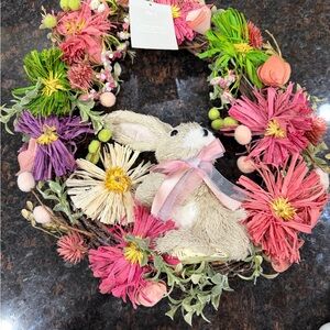 Pier 1 Floral Bunny Wreath with Pink and Green Accents. Easter wreath